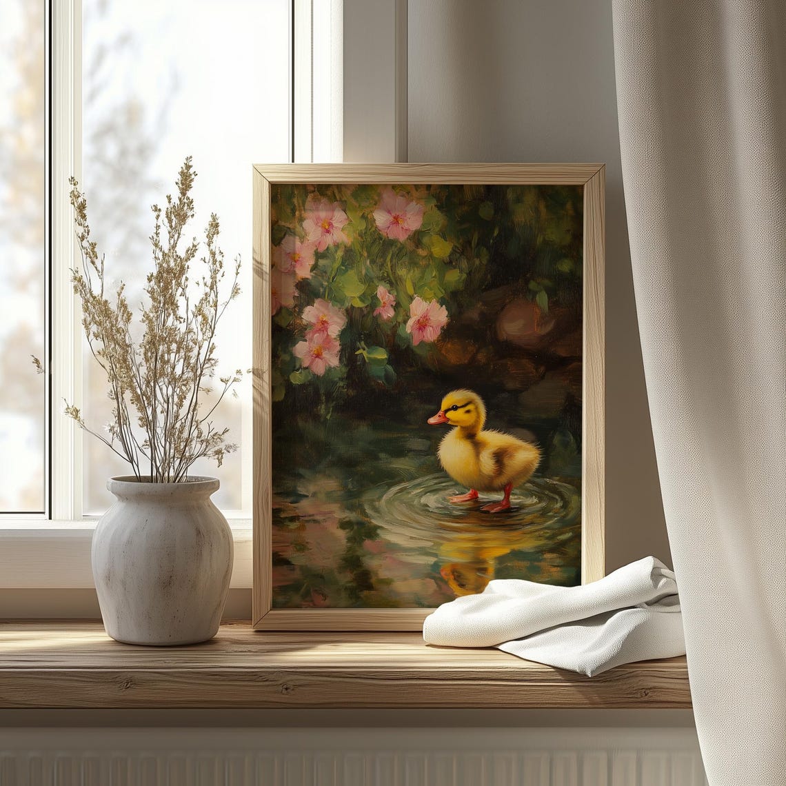 Cute Duckling In Pond With Pink Blossoms Spring Animal Painting Art - Image 4