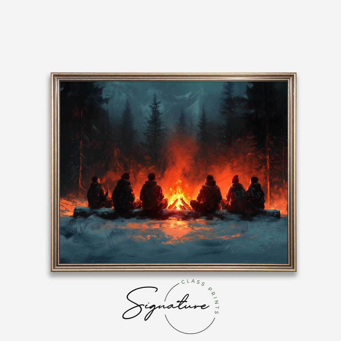 Friends Around Campfire At Night In Snowy Pine Forest Poster - Image 4