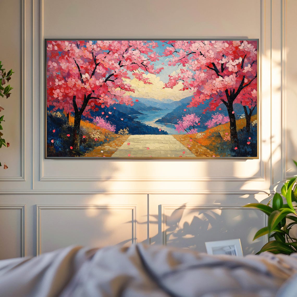 Cherry Blossom Path Overlooking Mountain Lake Impasto Art Poster - Image 4