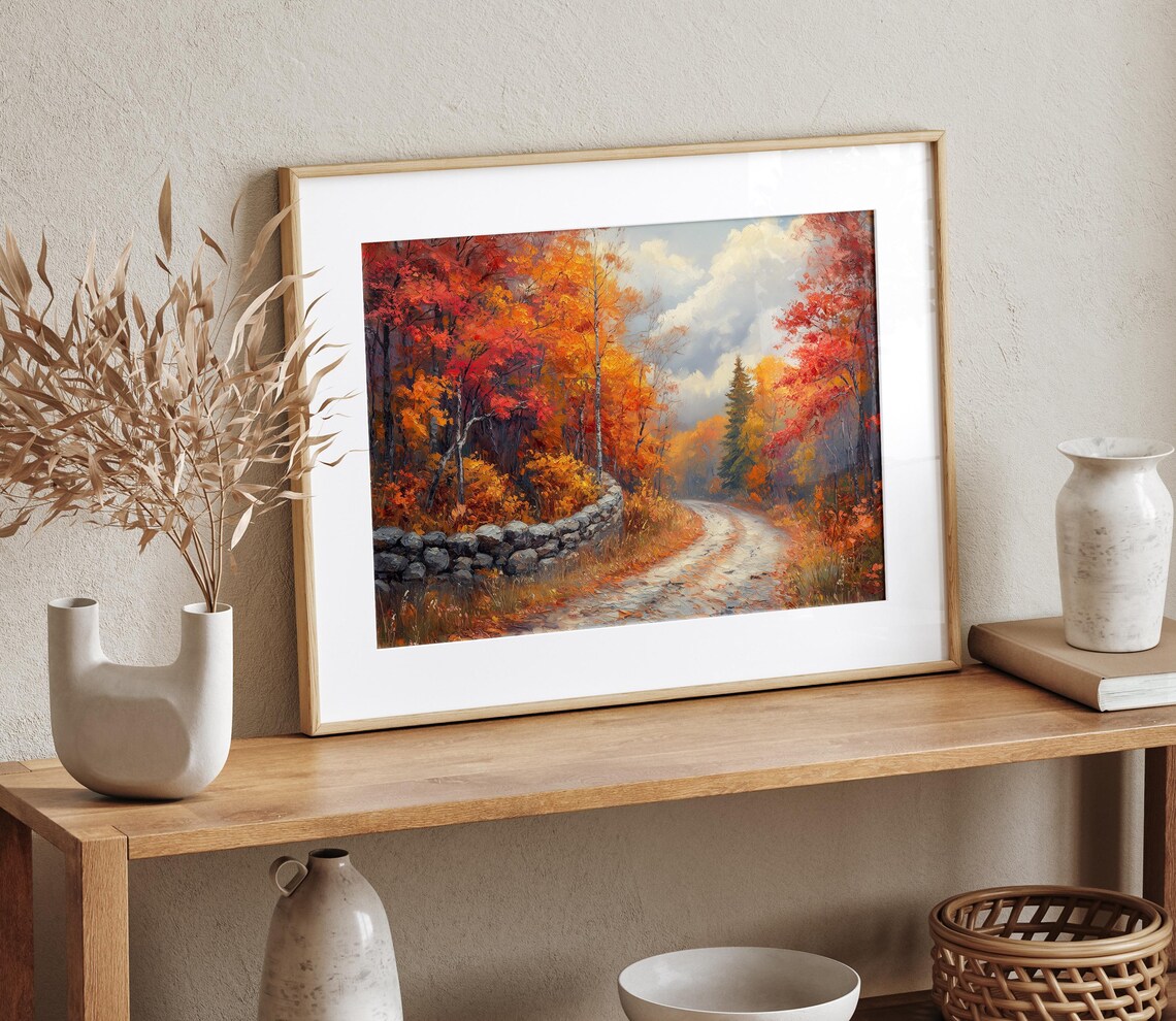Stone Wall Country Road Crimson Maple Autumn Woods Painting Print - Image 4