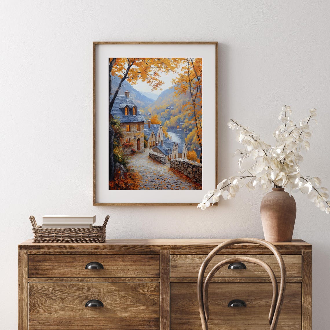 Autumn Riverside Village Evening Lights Stone Cottages River Poster - Image 5