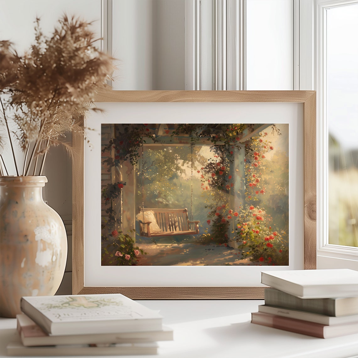 Sunlit Porch Swing Under Rose Pergola Garden Retreat Painting Poster - Image 2