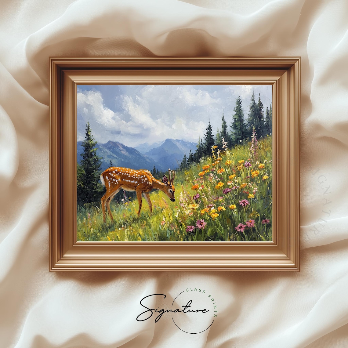 Spotted Deer Grazing Mountain Wildflower Meadow Summer Art Print