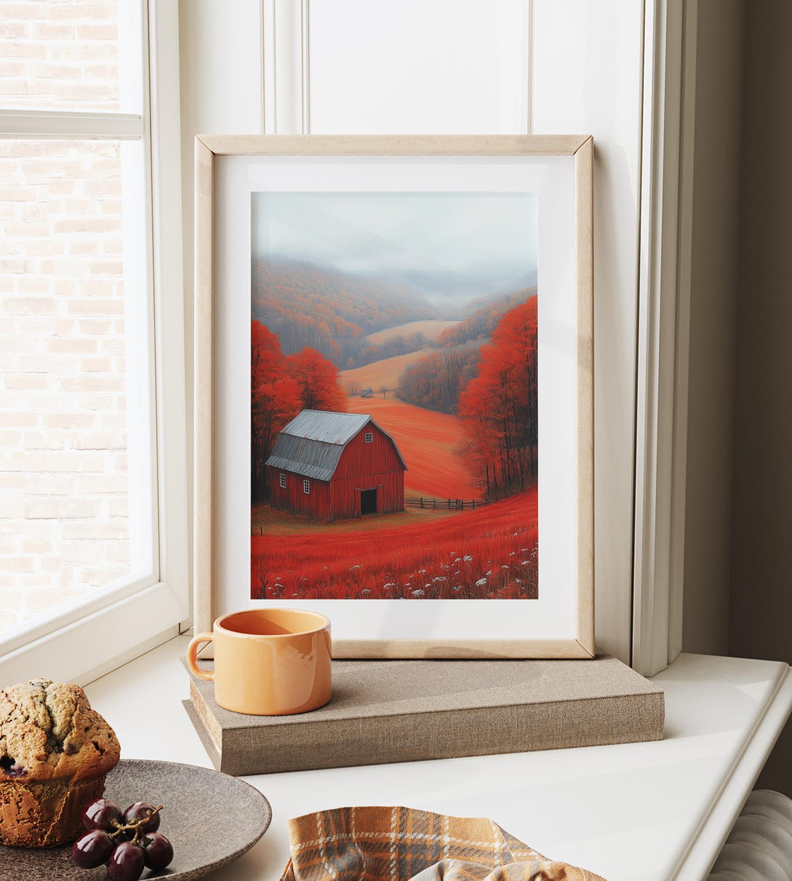 Red Barn In A Crimson Autumn Valley Under Misty Distant Hills Poster - Image 6
