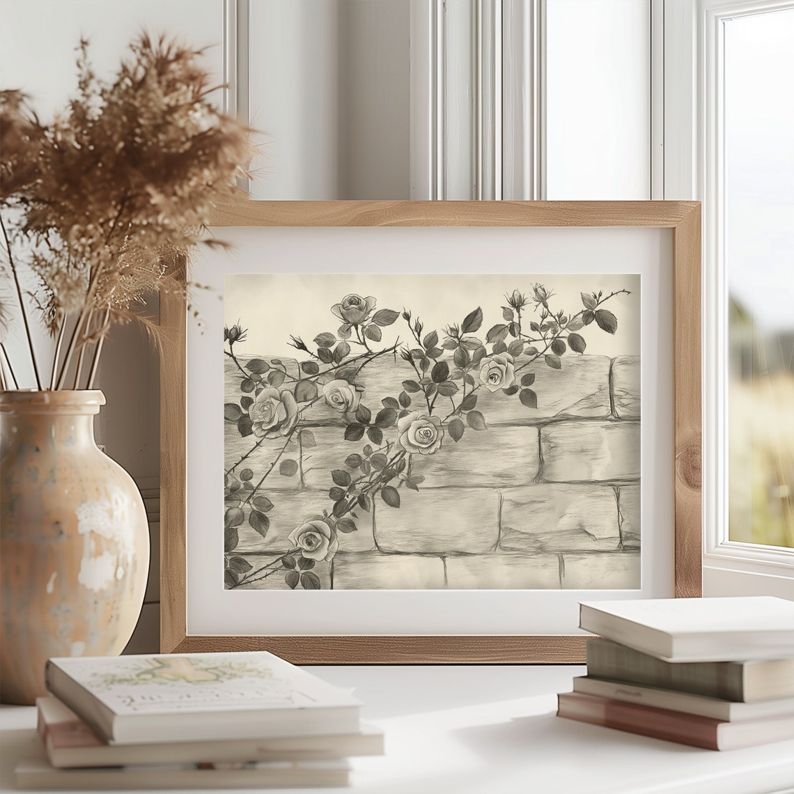 Climbing Roses on Brick Wall Pencil Sketch Vintage Botanical Poster - Image 2