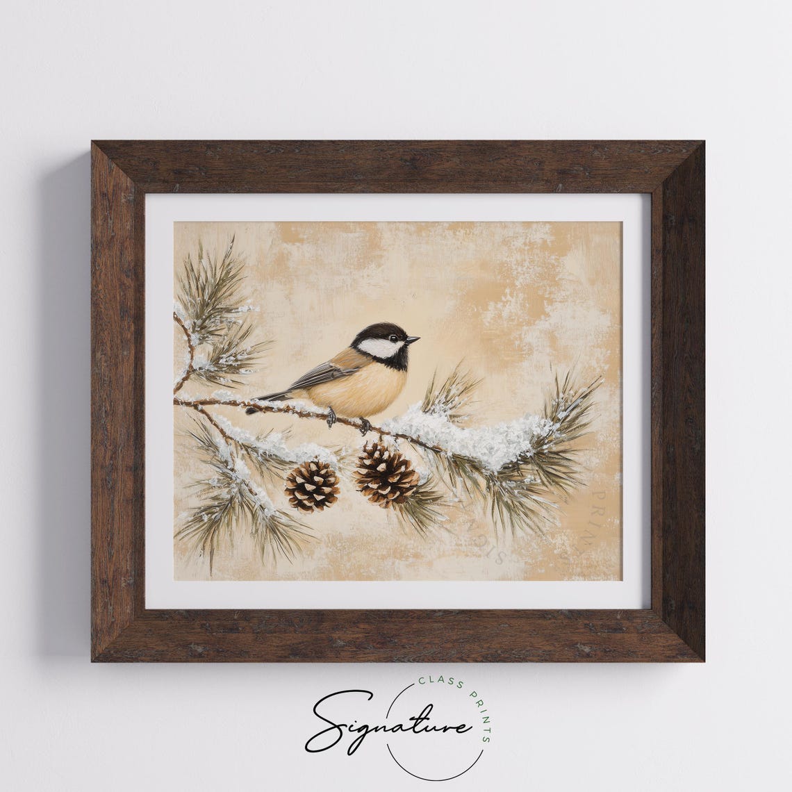 Carolina Chickadee on Snowy Pine Branch With Cones Bird Poster - Image 4