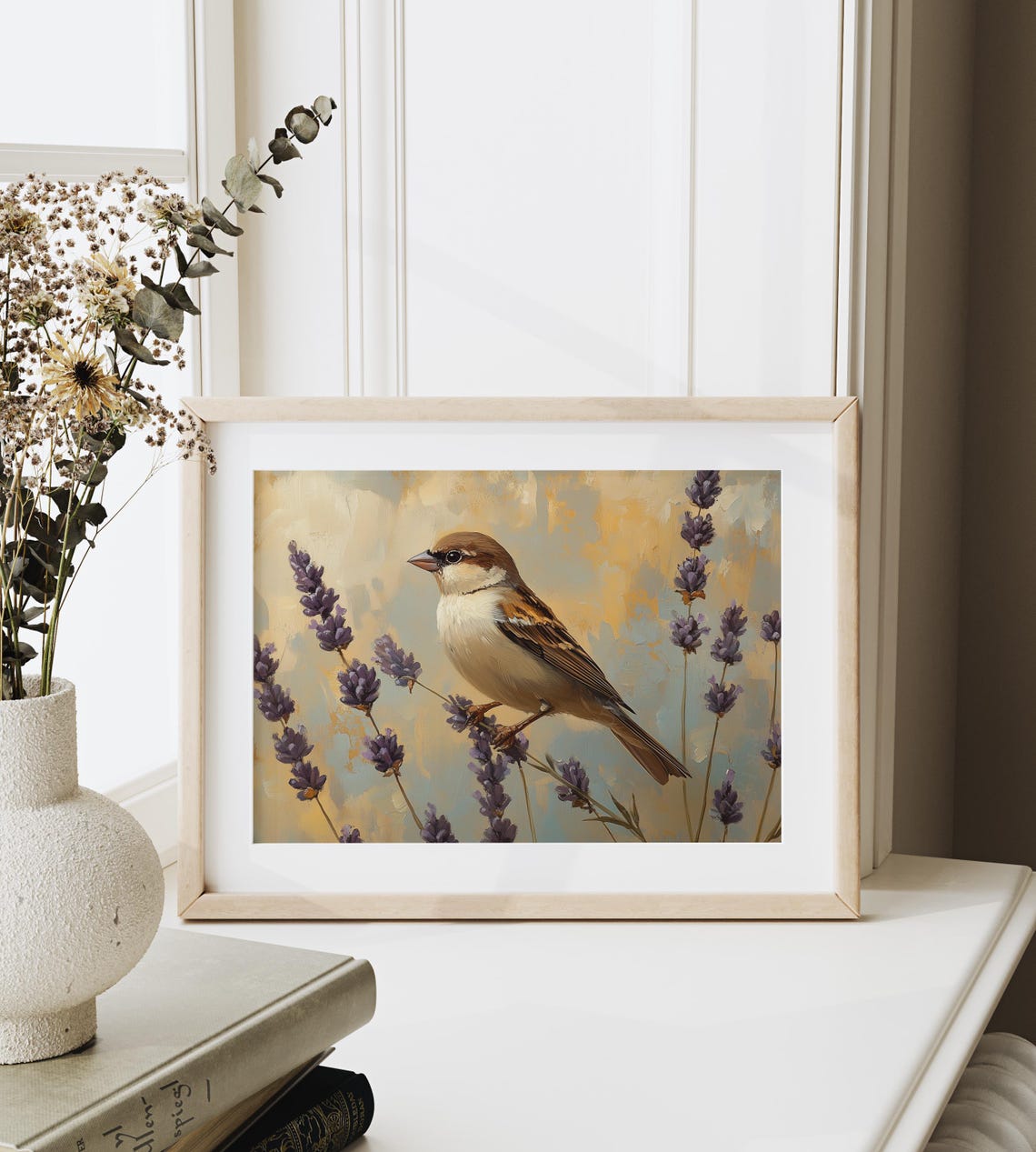 Tree Sparrow Among Lavender Stems Against Golden Backdrop Poster - Image 4