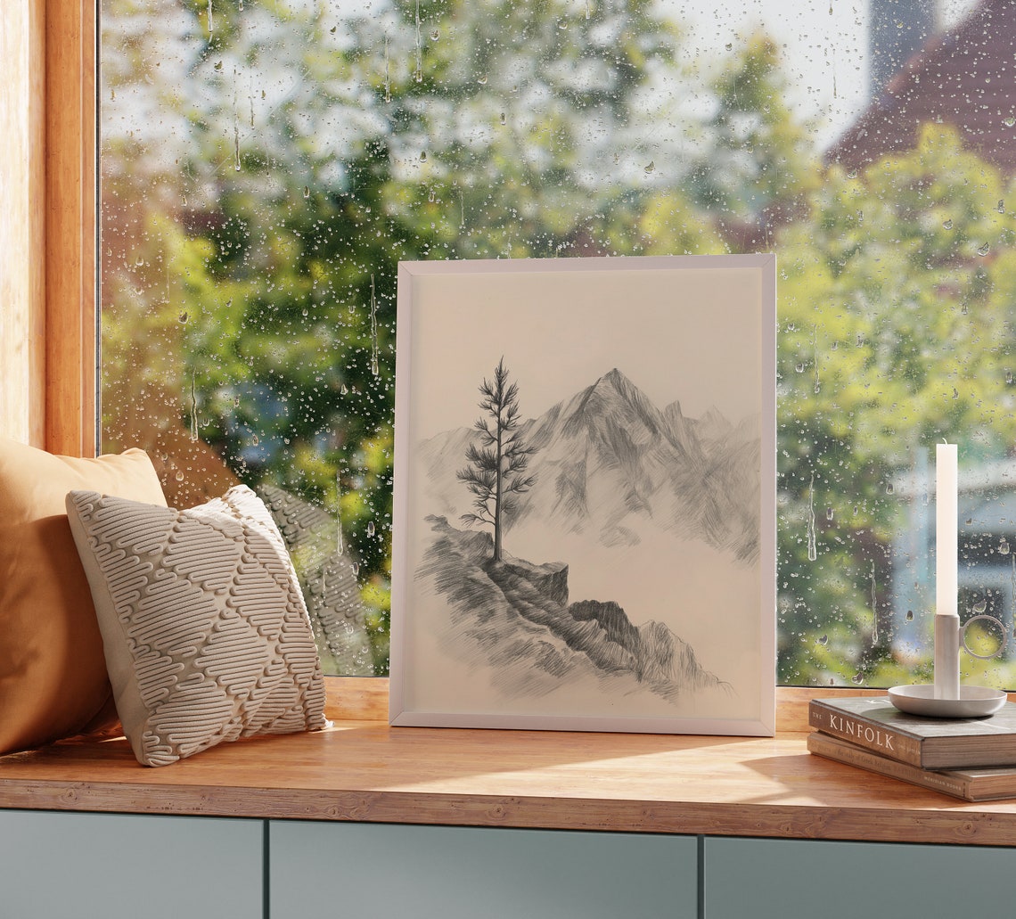 Lone Pine Tree On Rocky Mountain Vista Monochrome Pencil Poster - Image 2