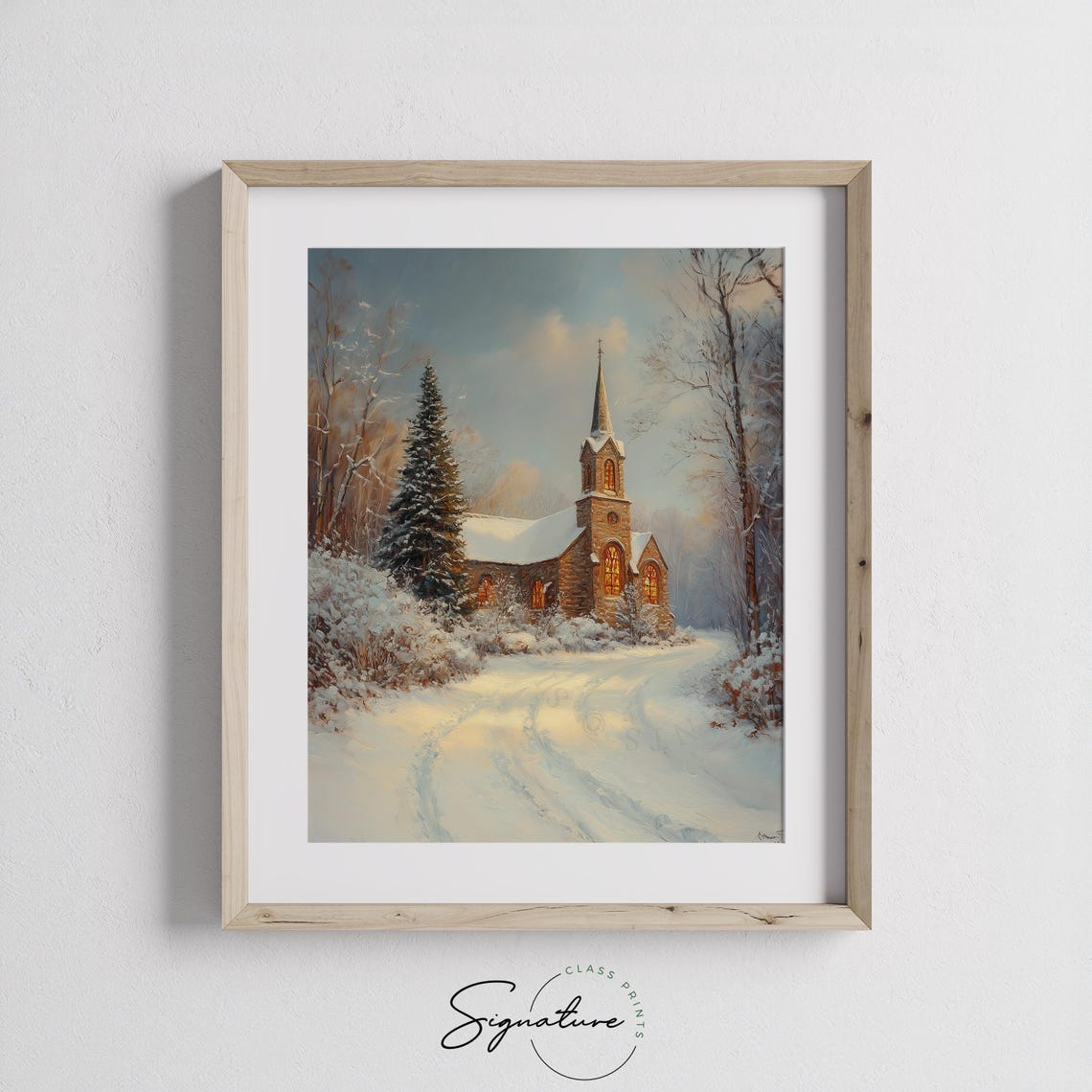 Historic Stone Church In Winter Snow With Glowing Windows Poster - Image 2