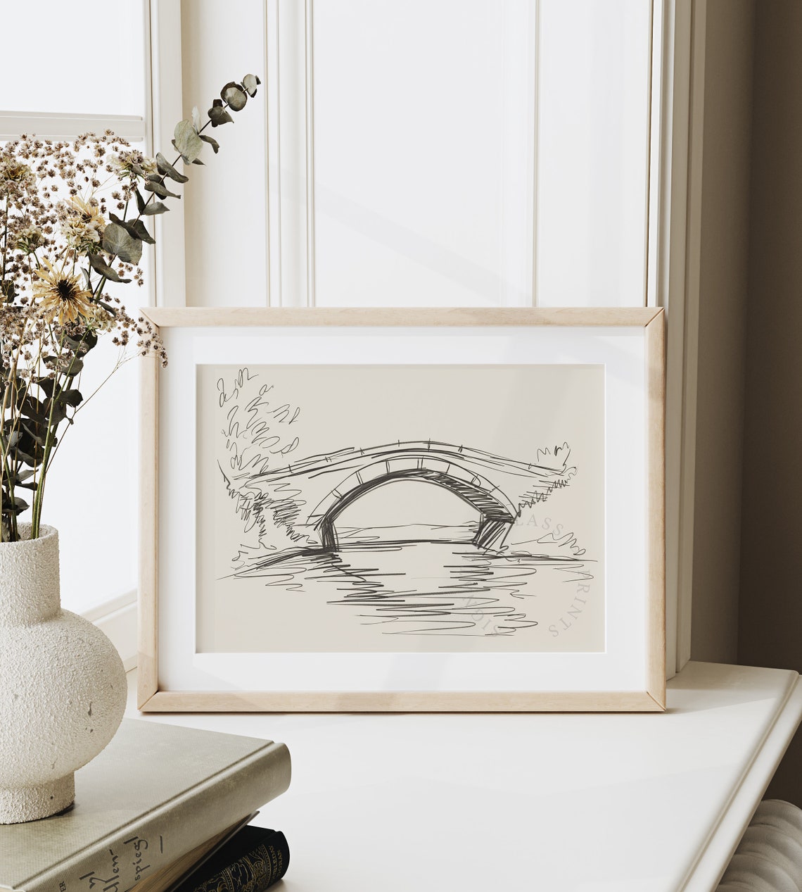 Stone Bridge Over Calm River Quick Ink Sketch Rural Poster Art - Image 6