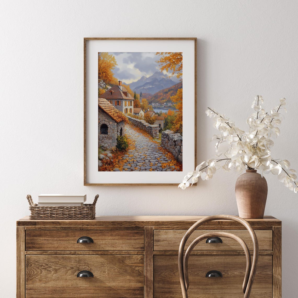 Alpine Autumn Village Cobblestone Lane Mountains Lake View Poster - Image 5