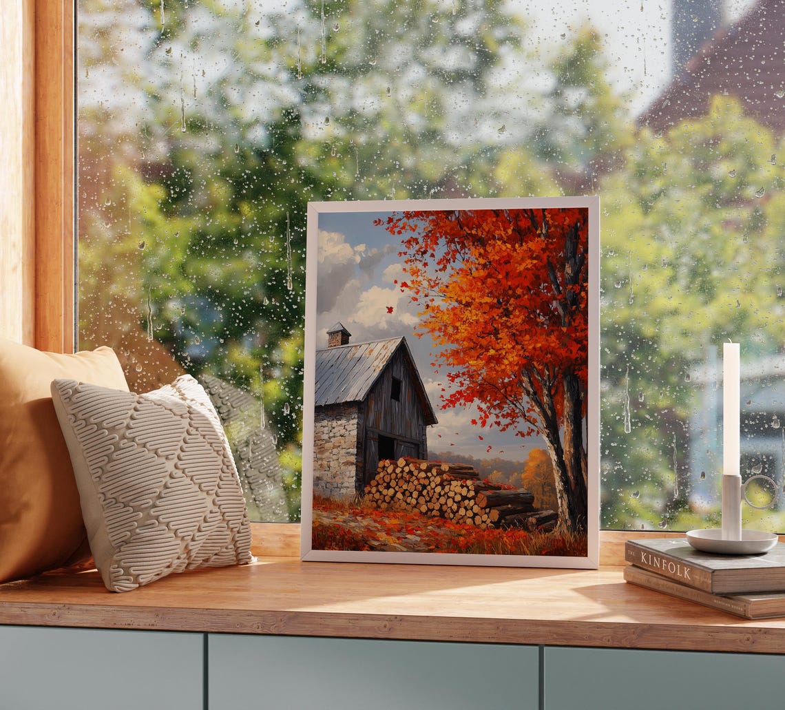 Stone Barn With Stacked Firewood Under Blazing Red Autumn Tree Poster - Image 2