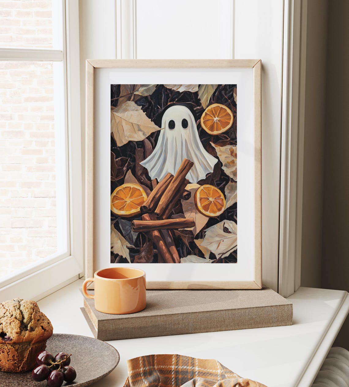 Cute Ghost Autumn Still Life Oranges Cinnamon Halloween Poster - Image 6