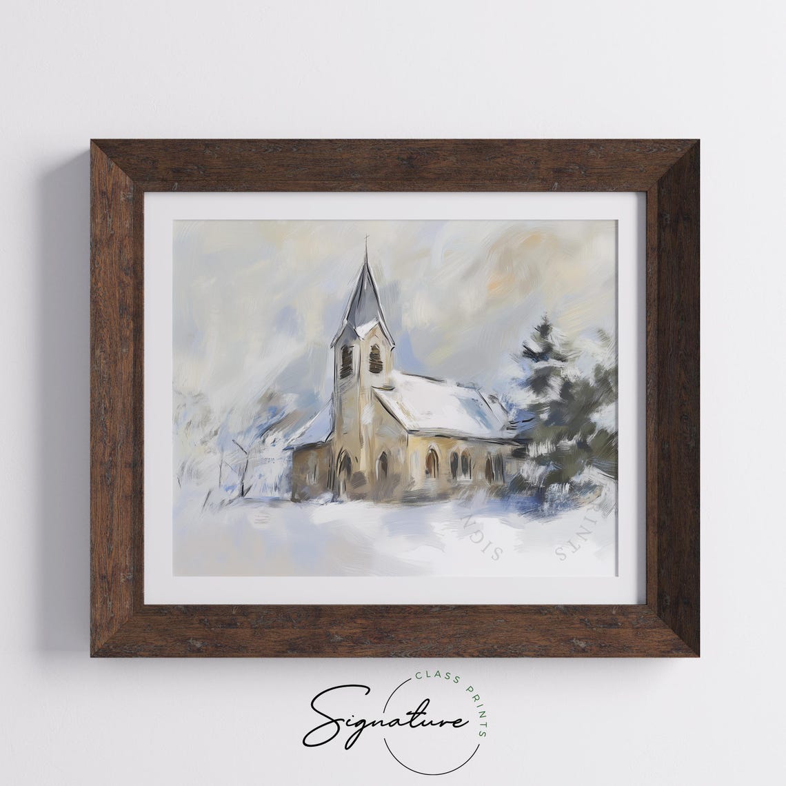 Old Stone Church In Winter Snow Soft Impressionist Painting Poster - Image 5