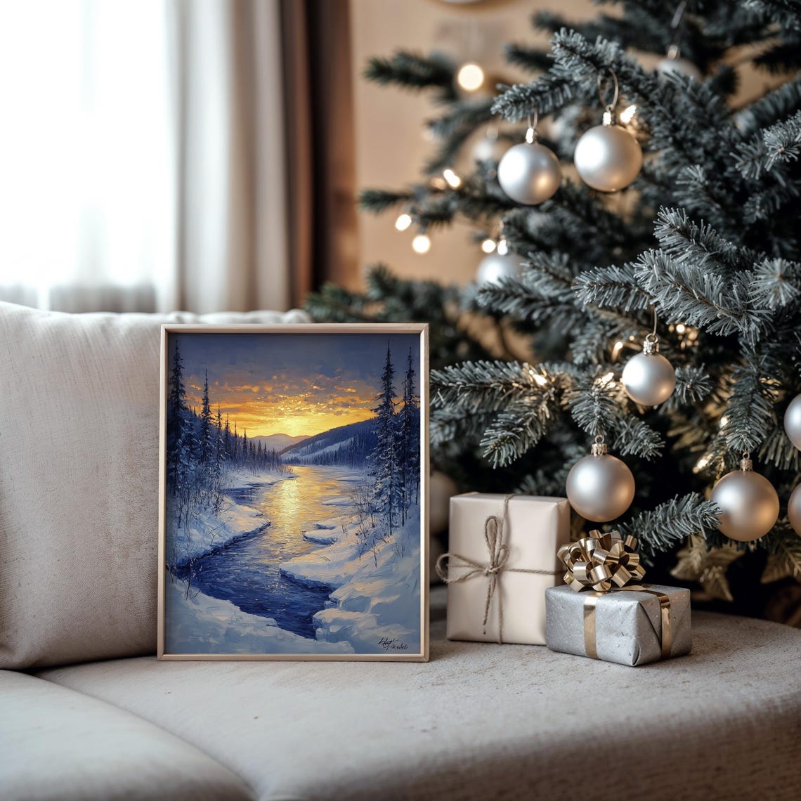 Golden Winter Lake In Snowy Pine Valley At Sunset Christmas Poster - Image 5