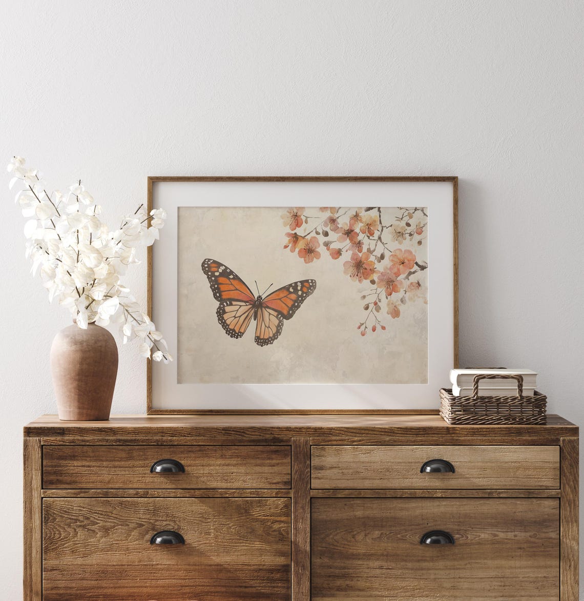 Monarch Butterfly Over Soft Blush Blossoms Vintage Spring Wall Art - Image 2