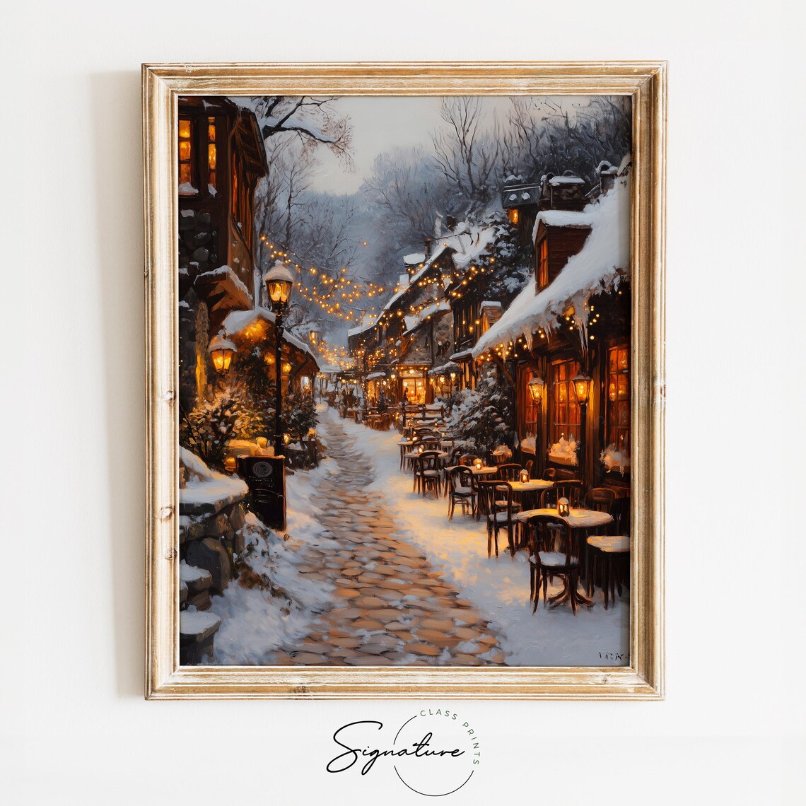 Winter Village Square With Cafe Lights, Holiday Art Print