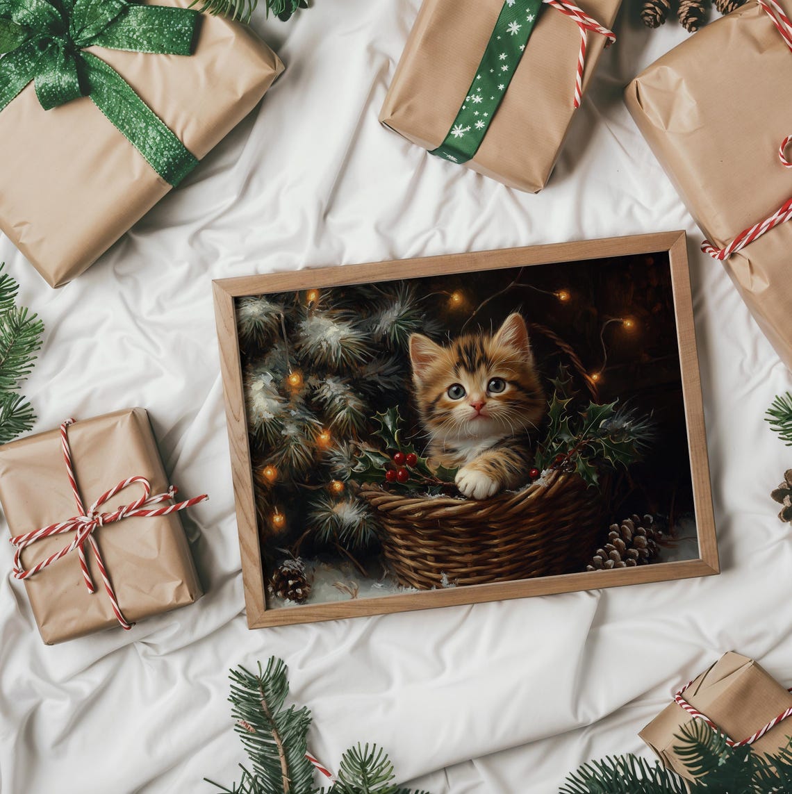 Tabby Kitten in Wicker Basket with Holly Berries and Pinecones Poster - Image 2