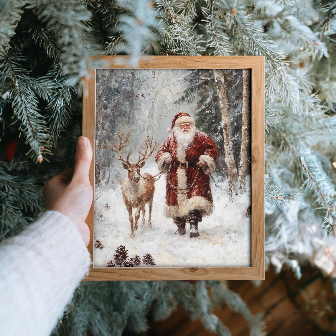 Santa Claus Walking with Reindeer in Snowy Woods Christmas Print - Image 6