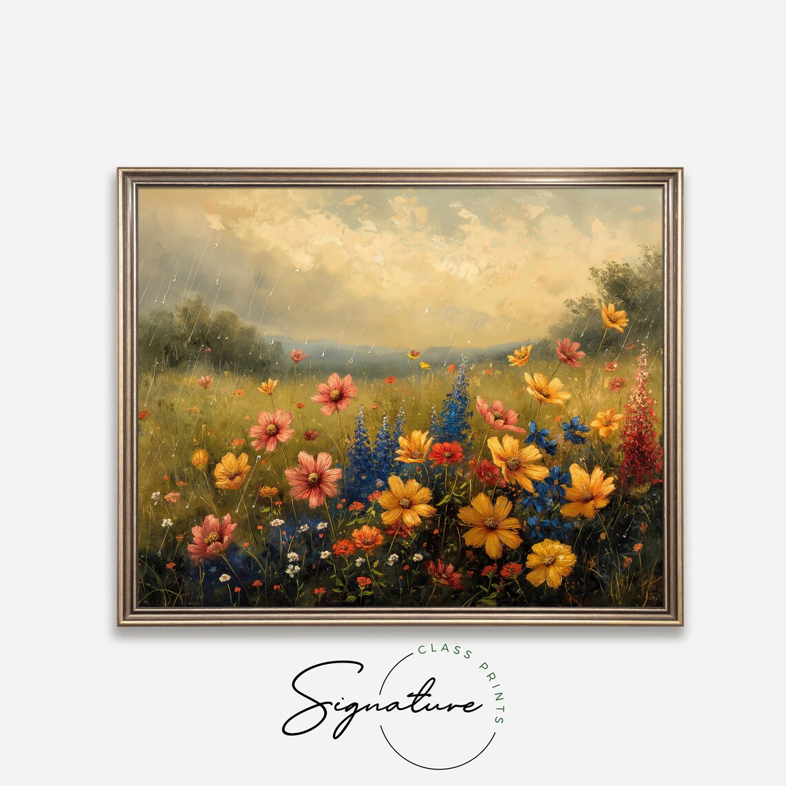 Summer Rain Wildflower Meadow Cosmos Delphinium Shower Nature Oil Poster - Image 4