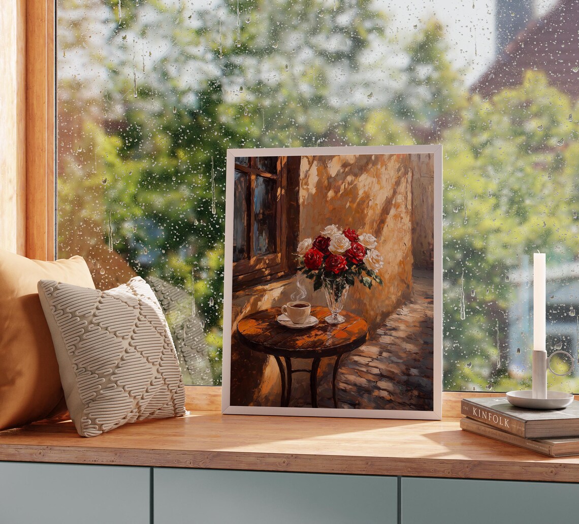 Sunlit Coffee Shop Patio With Roses, Rustic Scene Art Print - Image 5