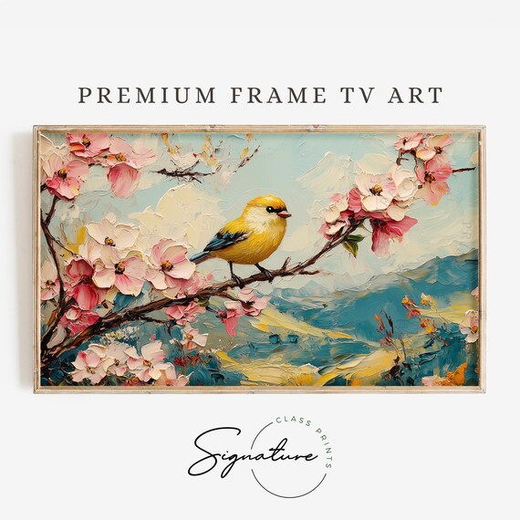 Yellow Finch On Cherry Blossom Branch Above Turquoise Hills Poster