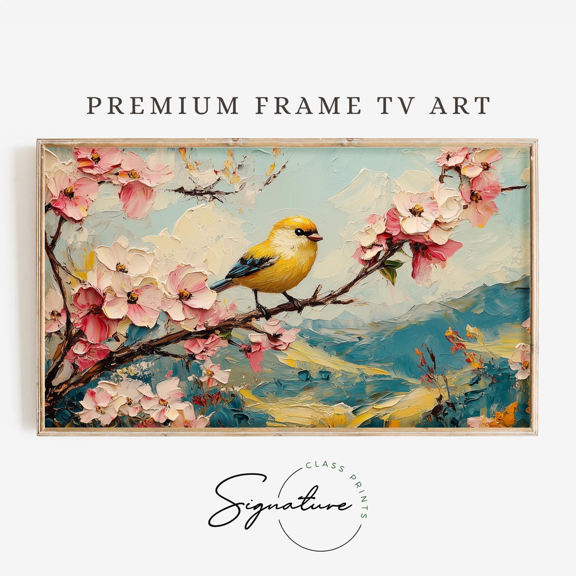 Yellow Finch On Cherry Blossom Branch Above Turquoise Hills Poster