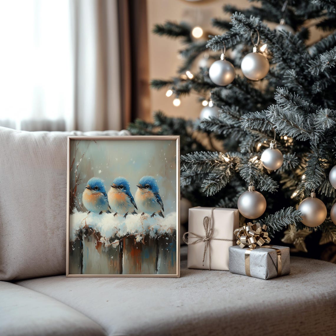 Three Baby Bluebirds On Snowy Fence Adorable Winter Bird Art Poster - Image 5