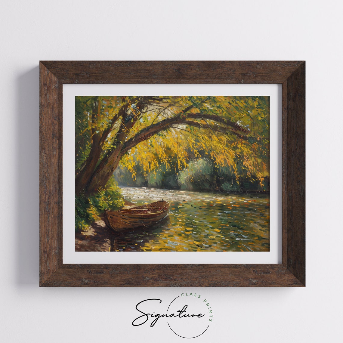 Golden Elm Arching Over Sleepy Canal Moored Wooden Rowboat Poster - Image 5