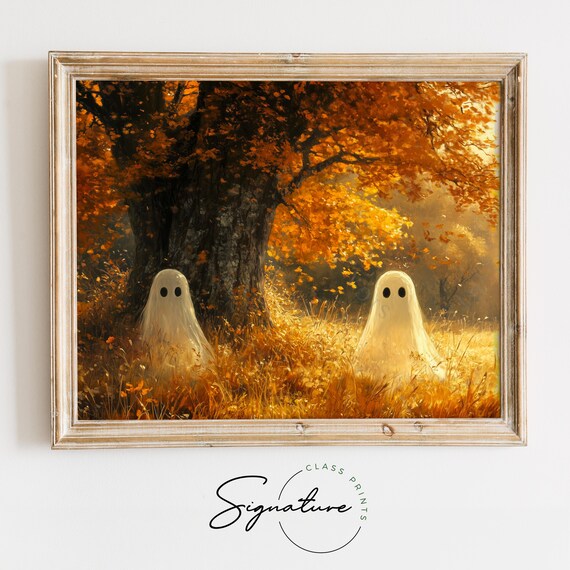 Two Playful Ghosts Floating in Golden Grasses Under an Oak Tree Poster