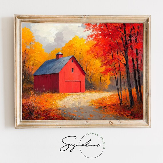 Red Barn Autumn Woods Fall Foliage Oil Painting Country Poster