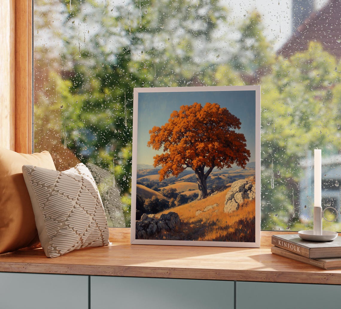 Lone Orange Oak Rocky Hillside Autumn Rolling Hills Blue Sky Poster - Image 2