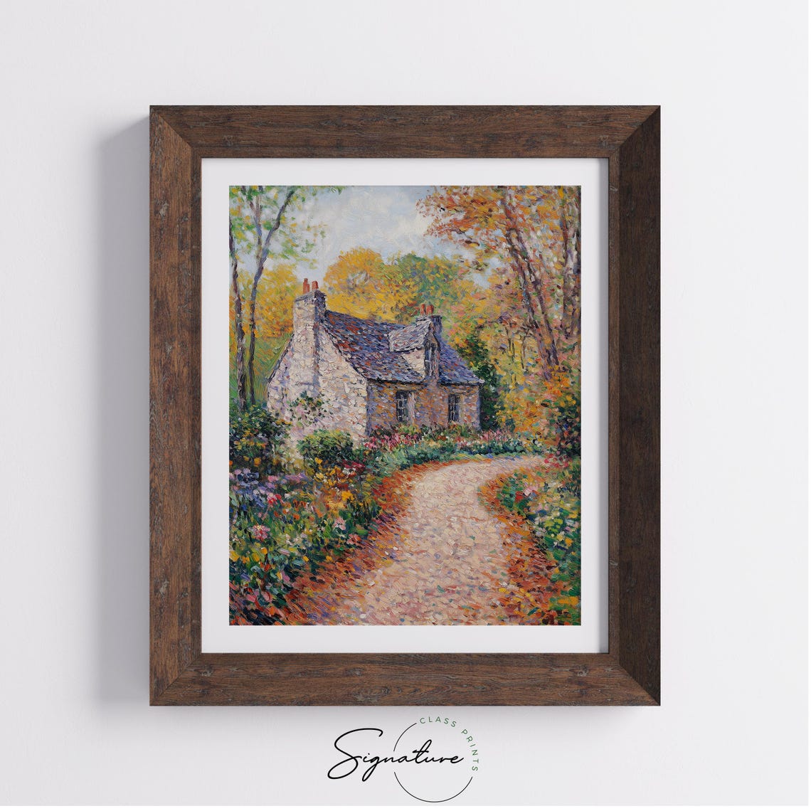 Cozy Stone Cottage Autumn Garden Impressionist Landscape Poster - Image 4