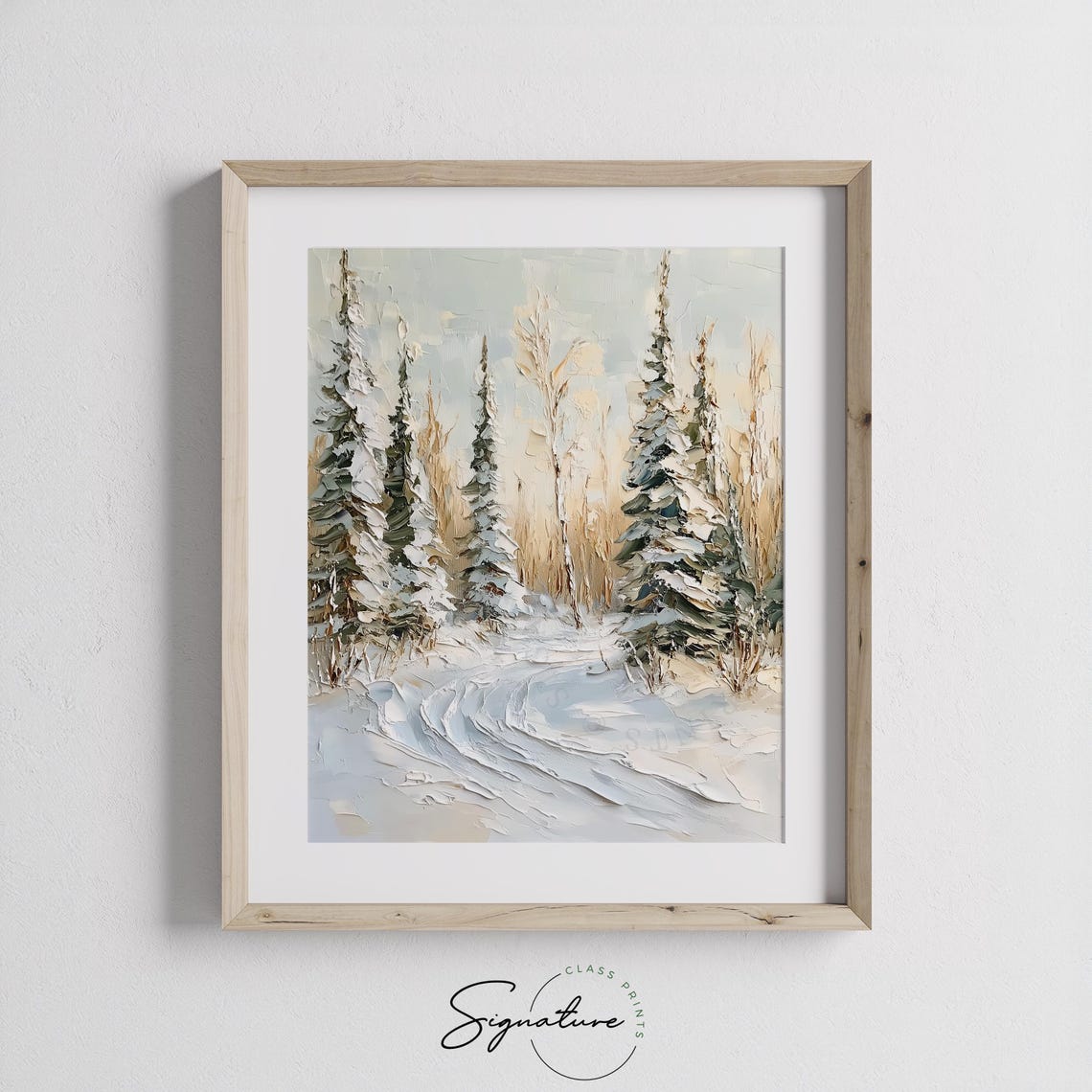 Snow Laden Evergreens with Curving Trail Impasto Winter Poster - Image 3