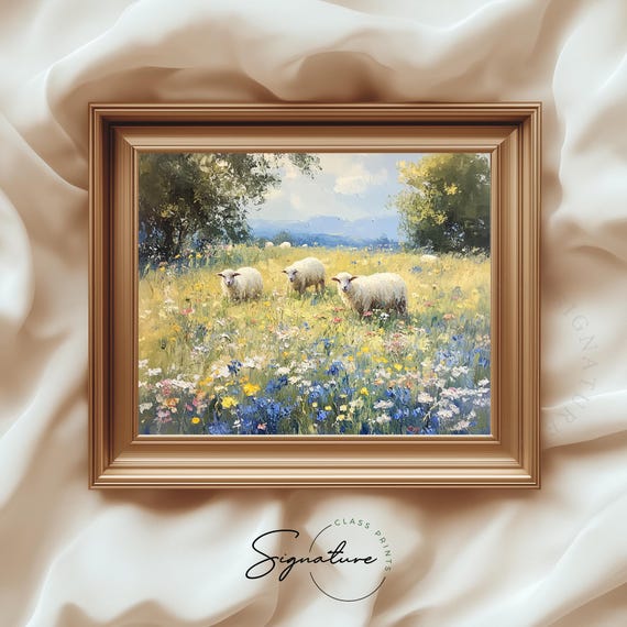 Lambs in Wildflower Meadow Art Print, Cottagecore
