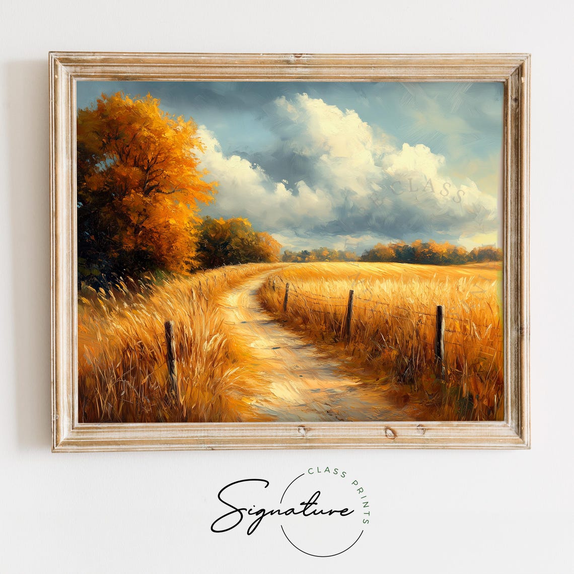 Country Lane Through Golden Wheat Field Rustic Autumn Landscape Poster