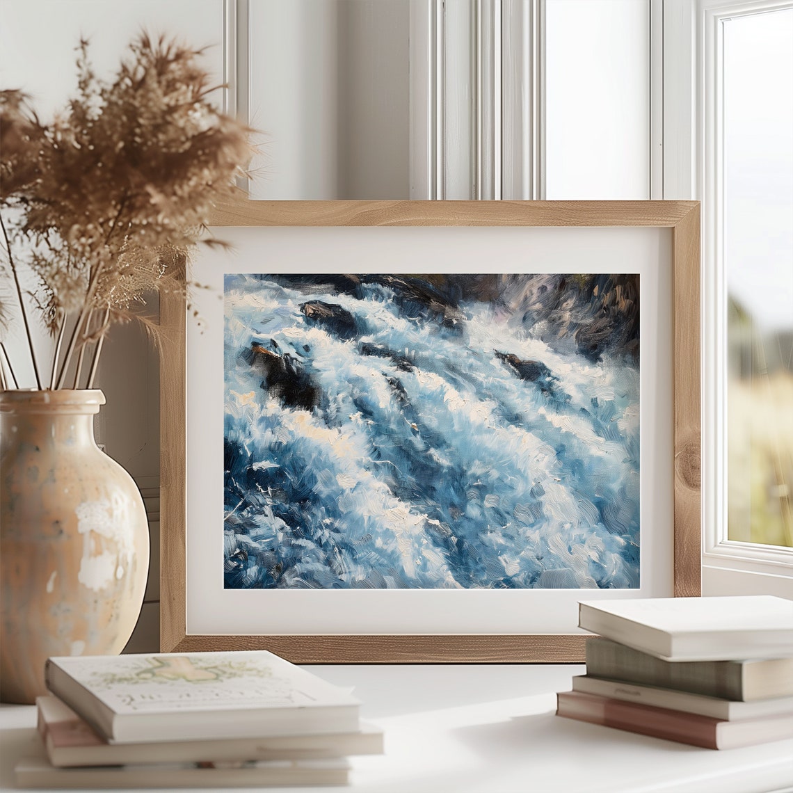 Cascading Waterfall In Blue Impasto Mountain Stream Poster Art - Image 2