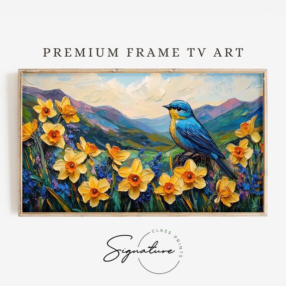Bluebird Among Yellow Daffodils In Mountain Valley Art Poster