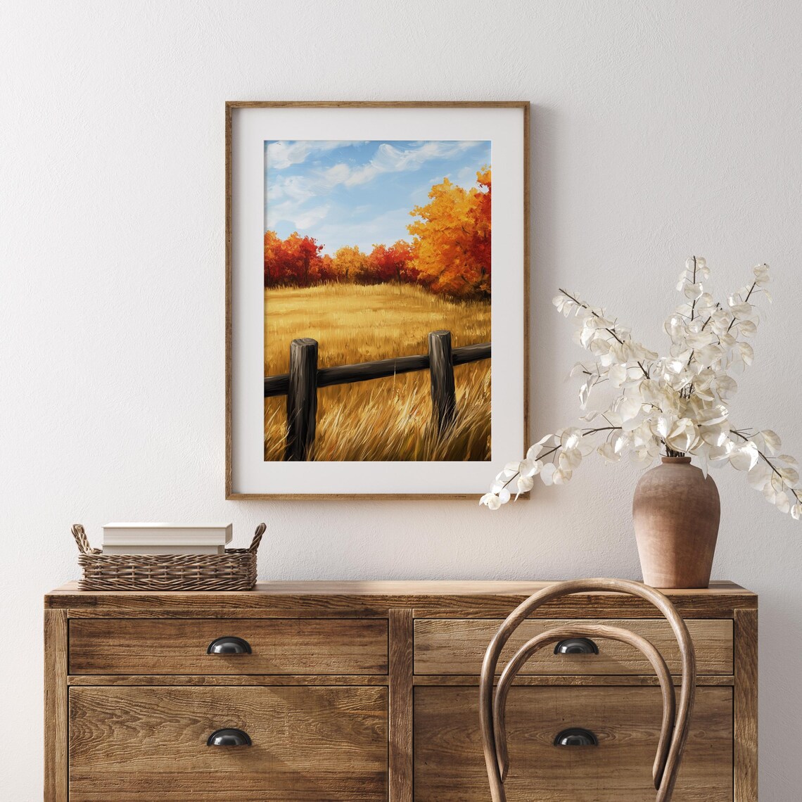 Weathered Fence Posts Overlooking Vast Golden Meadow in Autumn Wall Art - Image 5