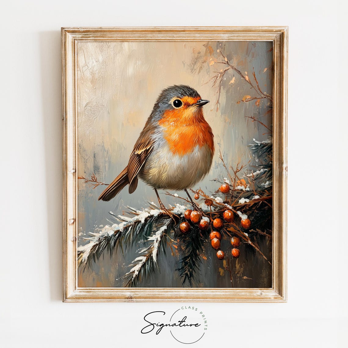 European Robin on Snowy Branch with Berries Winter Oil Painting Print