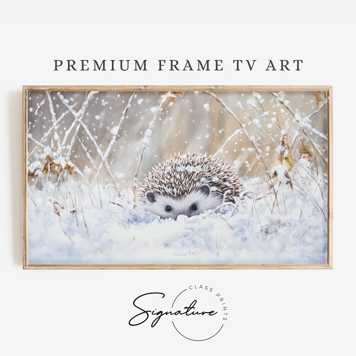 Cozy Cute Hedgehog In Falling Snow Winter Wildlife TV Art Poster