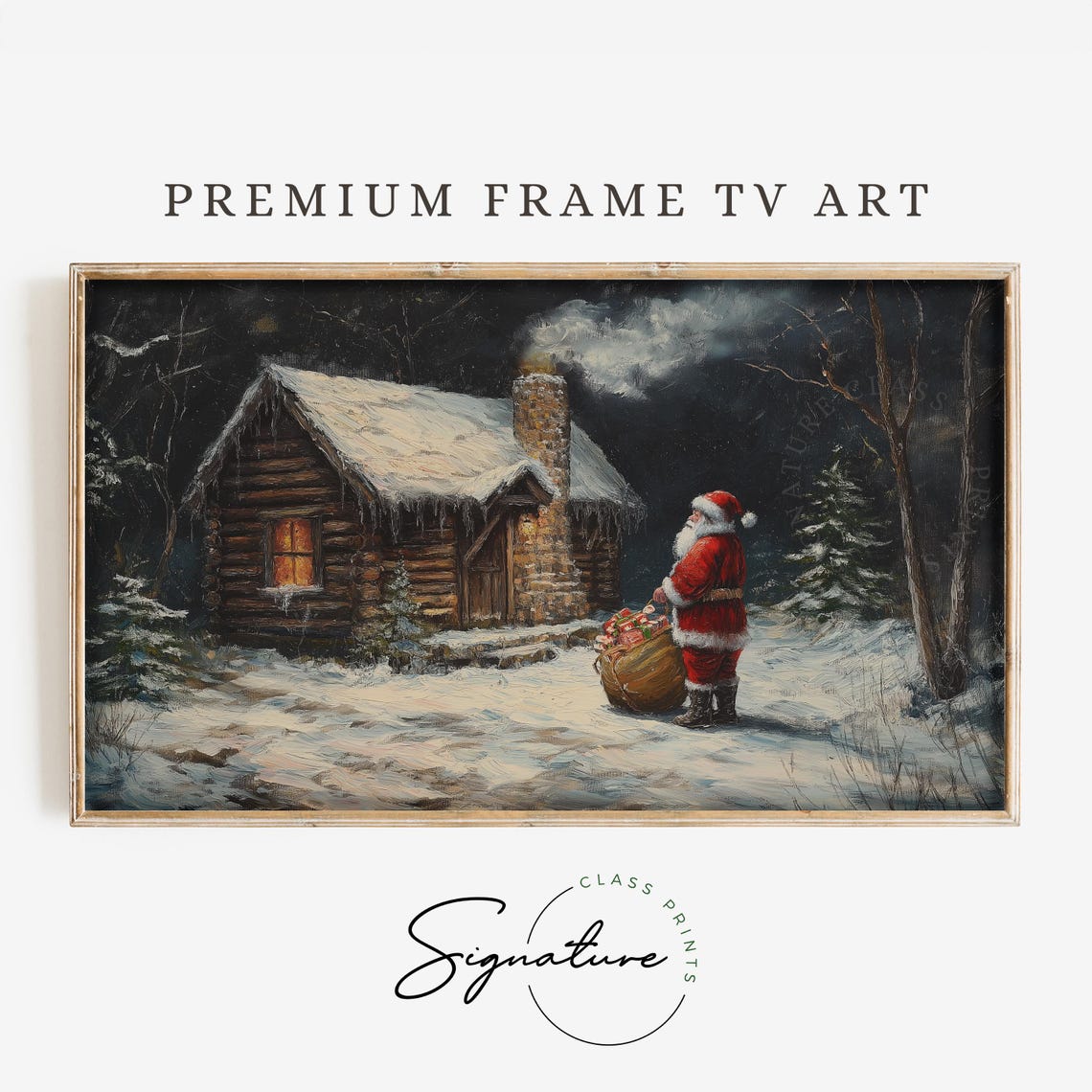 Santa Visiting Snowy Log Cabin Night Christmas Gift Sack Poster