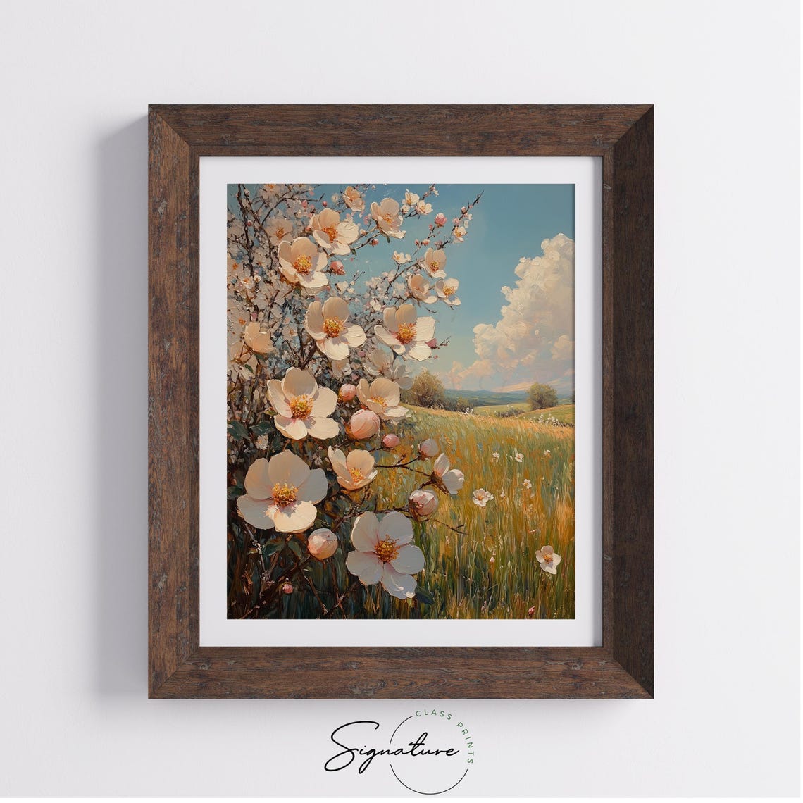 Blooming White Blossom Branch Over Sunny Meadow Spring Floral Poster - Image 3