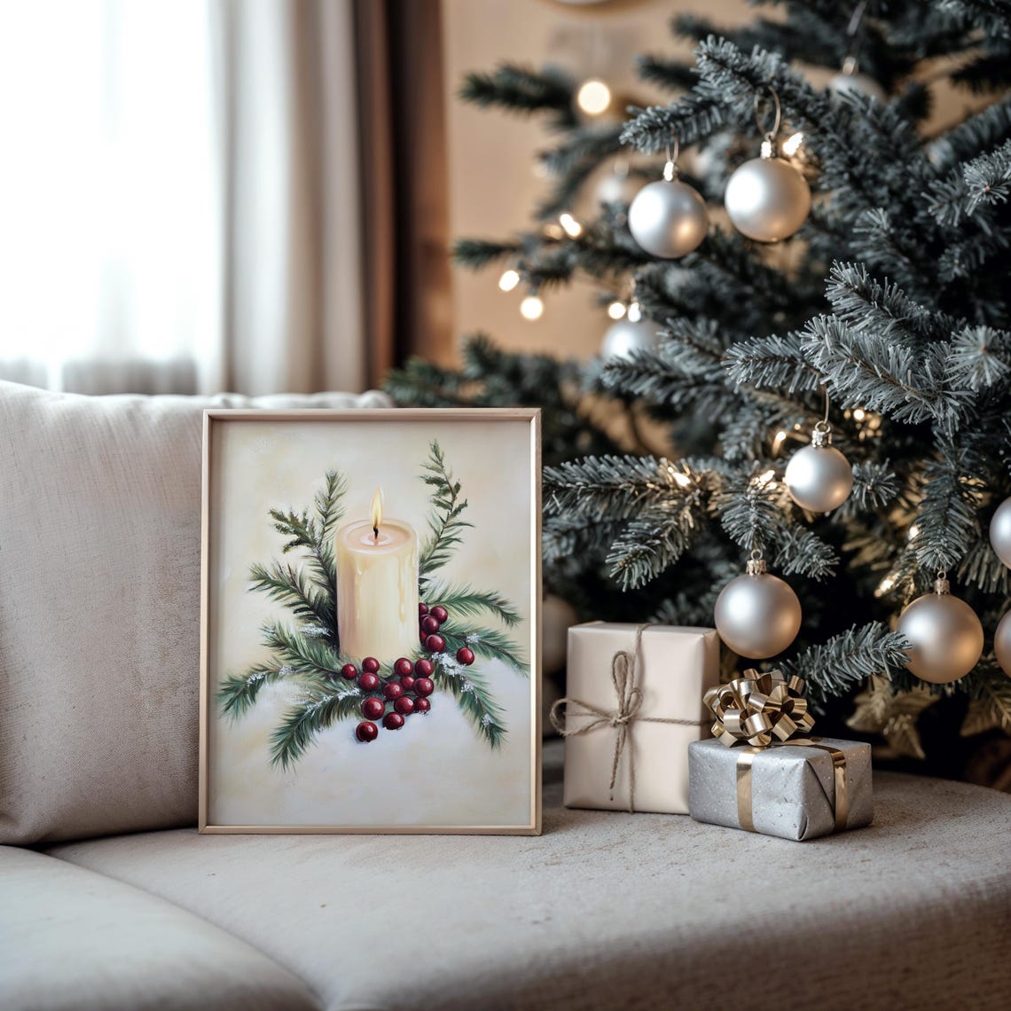 Lit Holiday Candle With Pine And Red Berries On Fresh Snow Poster - Image 5