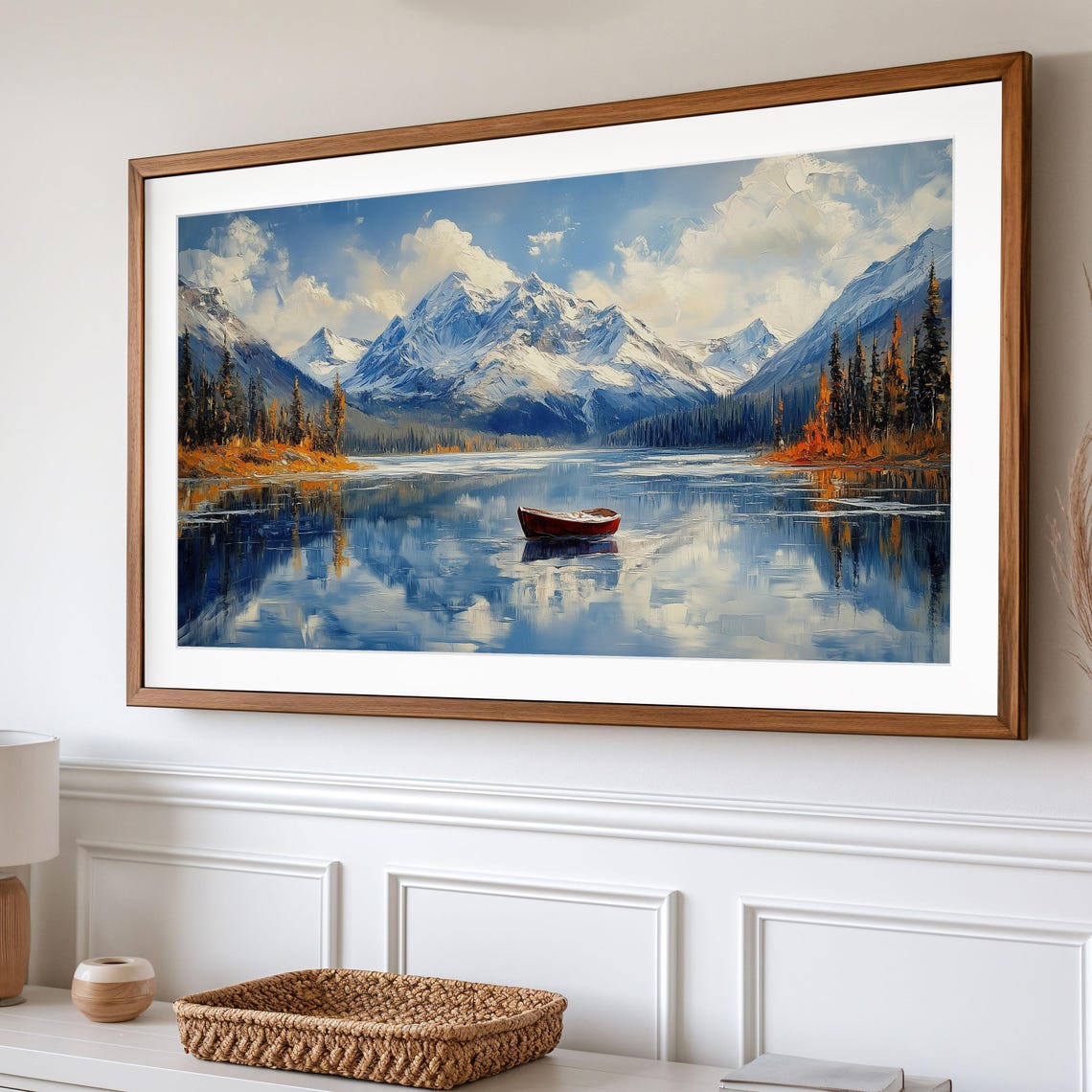 Red Canoe On Snowy Mountain Lake With Autumn Pines Winter Art Poster - Image 2