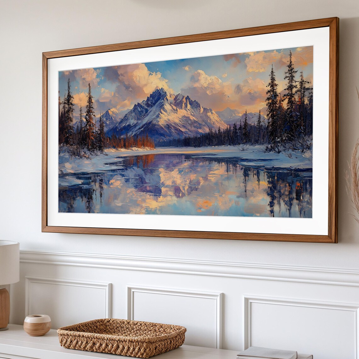 Majestic Snowy Mountain Range Sunset Mirror Lake Pink Clouds Alpenglow Poster - Image 2