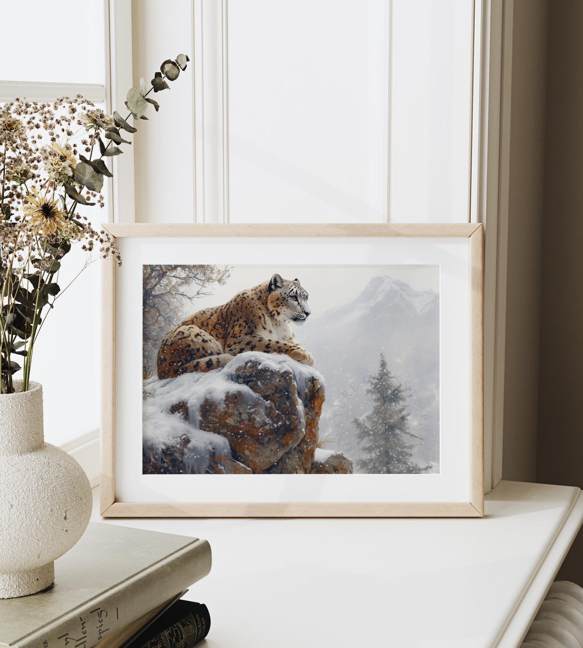 Snow Leopard Resting On A Snowy Cliff With Mountain View Art Poster - Image 6