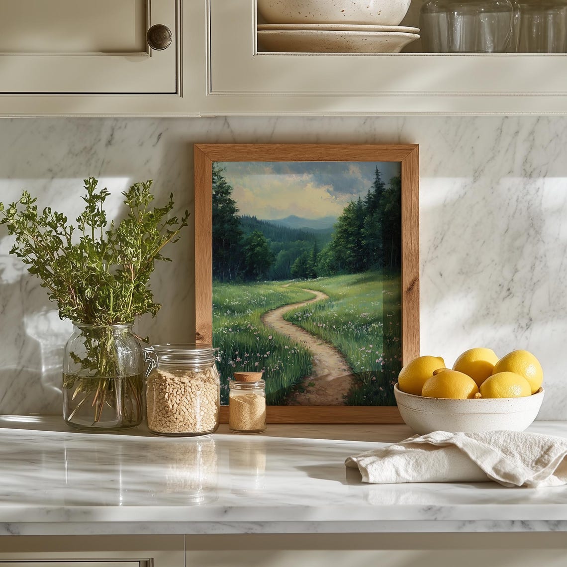 Winding Path Through Green Meadow To Pine Forest Landscape Painting - Image 5