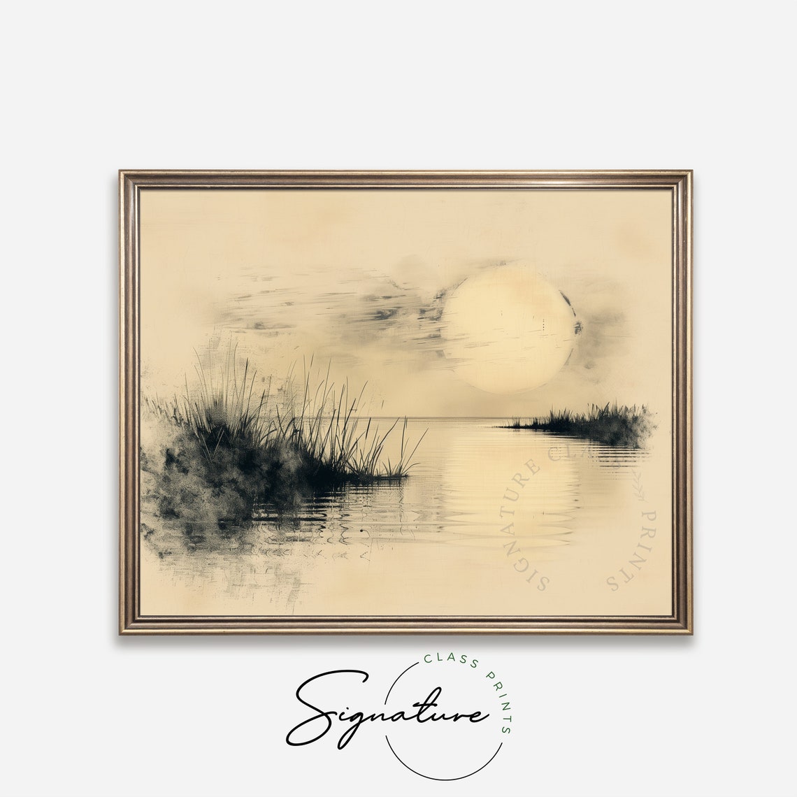 Quiet Lake At Dawn With Reeds Soft Charcoal Sketch Poster Art - Image 4