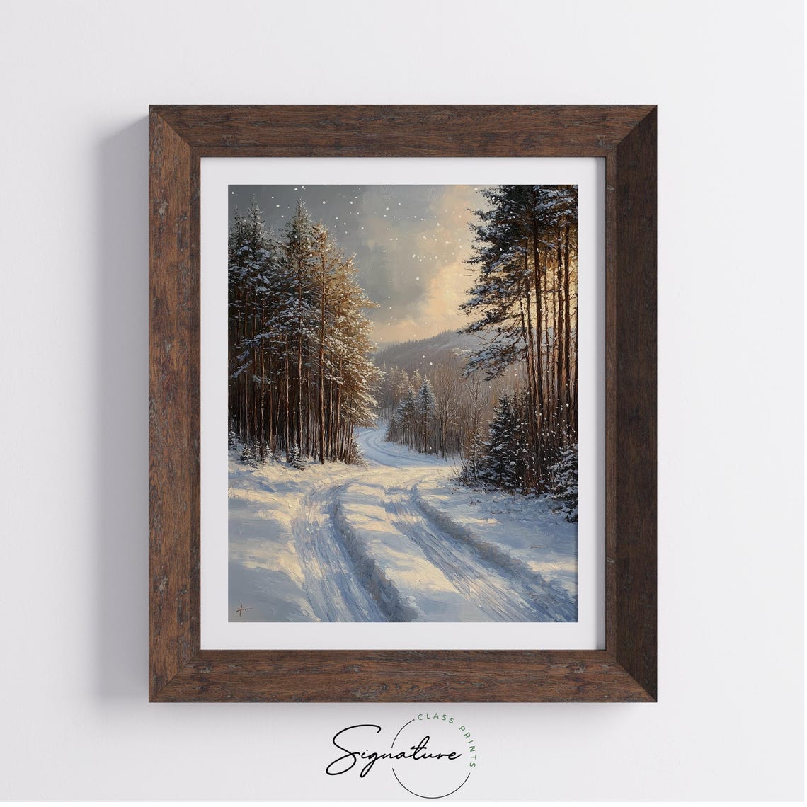 Snowy Forest Road at Dusk with Sleigh Tracks Winter Scene Poster - Image 3